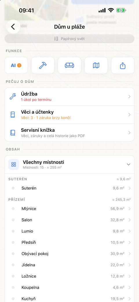 Snímek obrazovky z aplikace: sekce „Pečuj o dům“ na stránce domu s údržbou, věcmi a účtenkami a servisní knížkou