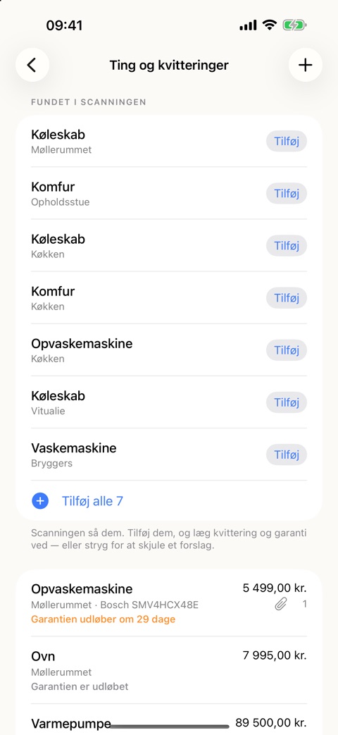 Skærmbillede fra appen: listen over ting med forslag fundet i scanningen — køleskab, komfur, opvaskemaskine