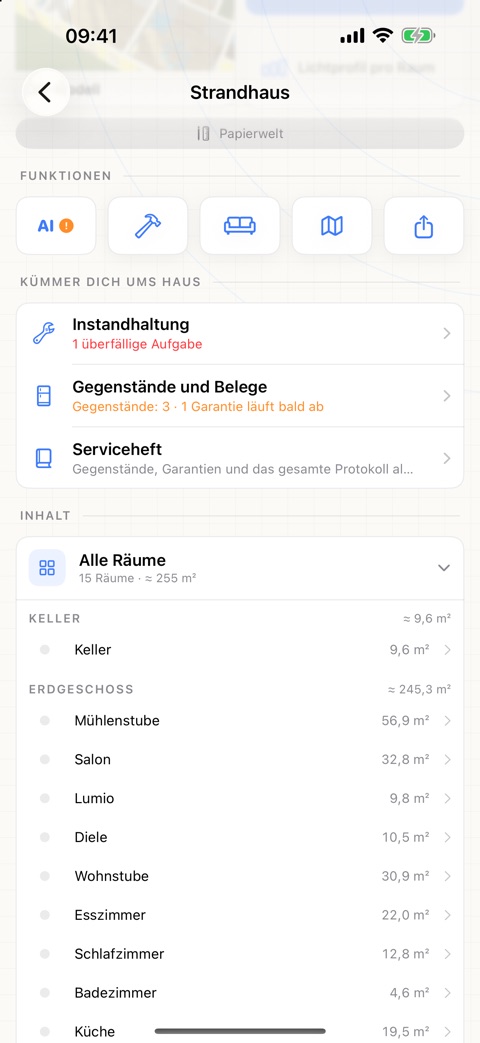 Screenshot aus der App: der Abschnitt „Kümmer dich ums Haus“ auf der Hausseite mit Instandhaltung, Gegenständen und Belegen und Serviceheft