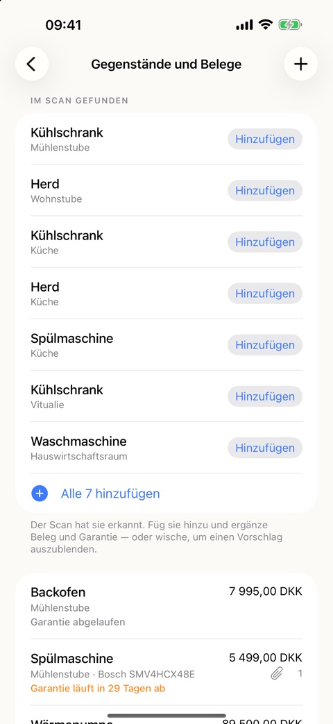 Screenshot aus der App: die Liste der Gegenstände mit Vorschlägen aus dem Scan — Kühlschrank, Herd, Spülmaschine