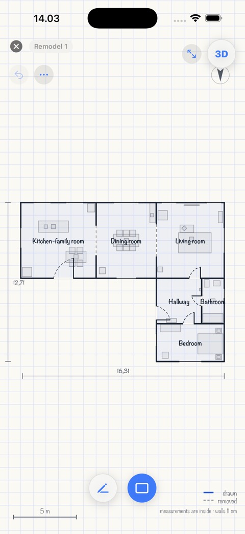 App screenshot: the drawing board, with a home drawn on graph paper, room names and dimensions