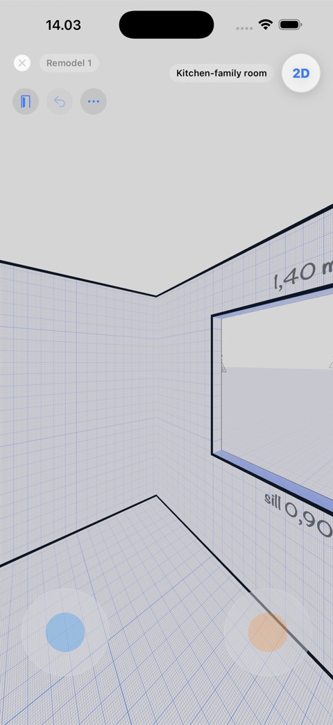 App screenshot: standing inside your own drawing in 3D, with the window measurements written on the wall