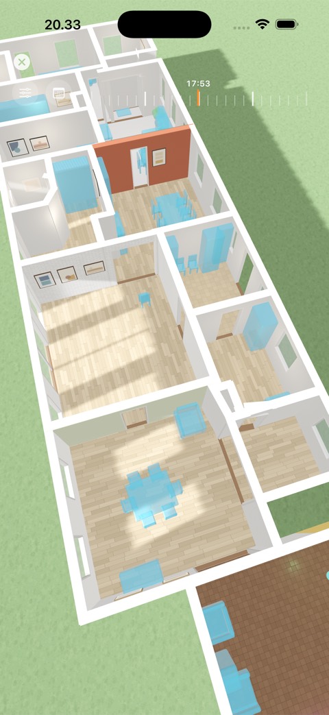 App screenshot: the whole home in 3D under the real sun