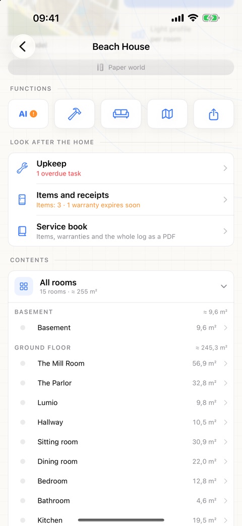Screenshot from the app: the home page section “Look after the home” with upkeep, items and receipts, and the service book