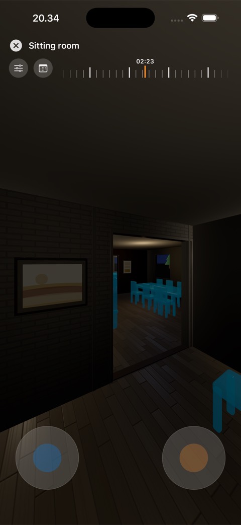 App screenshot: an evening walkthrough with the lamps switched on