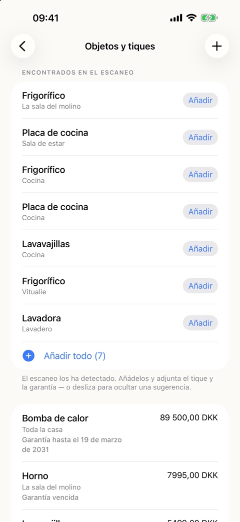 Captura de pantalla de la app: la lista de objetos con propuestas encontradas en el escaneo — frigorífico, cocina, lavavajillas