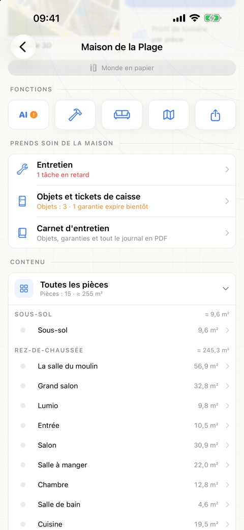 Capture d'écran de l'app : la section « Prends soin de la maison » de la page de la maison, avec entretien, objets et tickets de caisse et carnet d'entretien
