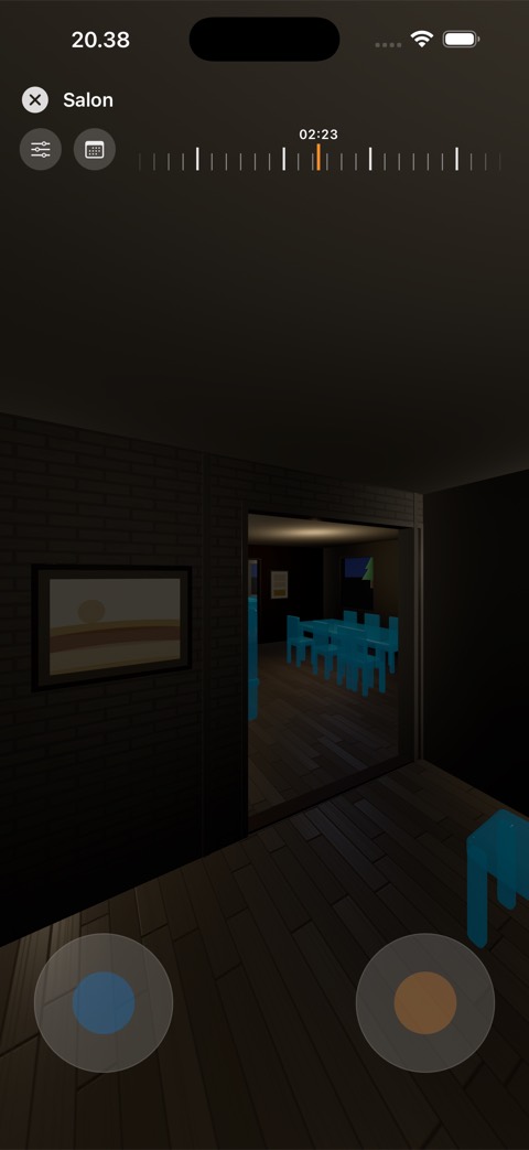 Capture d'écran de l'app : visite en soirée, lampes du logement allumées