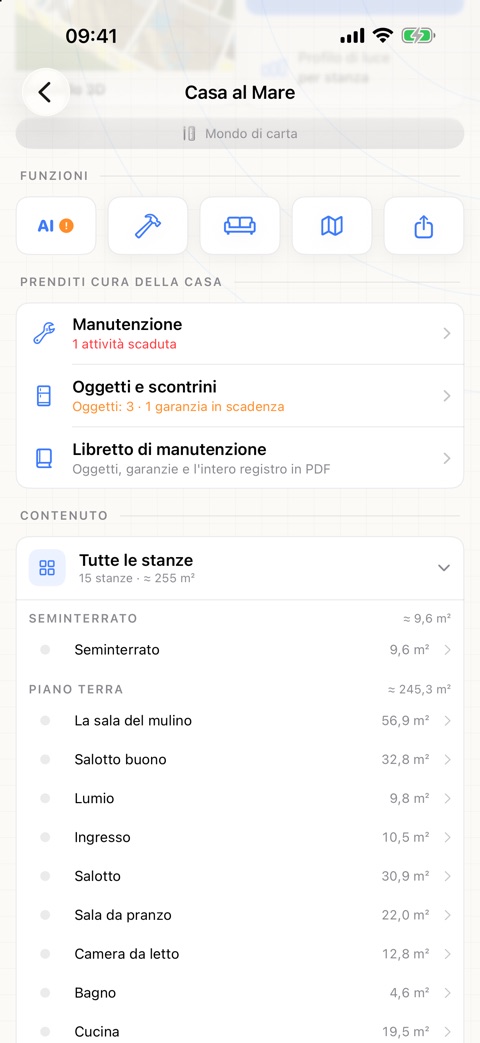 Schermata dell'app: la sezione «Prenditi cura della casa» nella pagina della casa, con manutenzione, oggetti e scontrini e libretto di manutenzione
