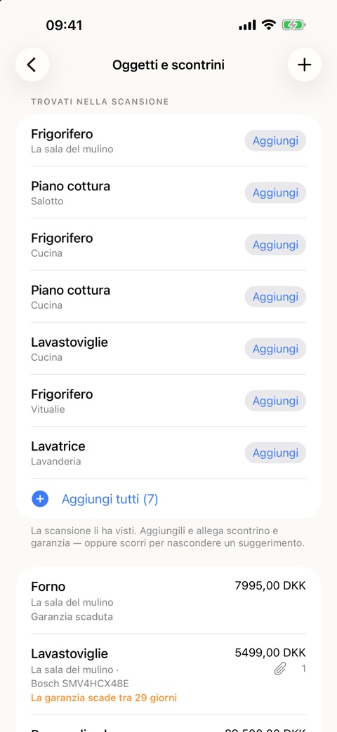 Schermata dell'app: l'elenco degli oggetti con le proposte trovate nella scansione — frigorifero, cucina, lavastoviglie
