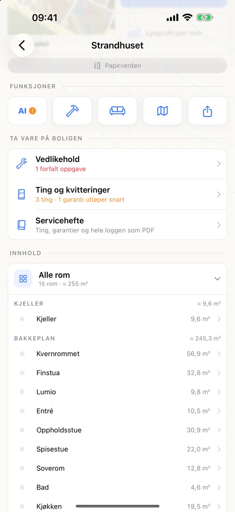 Skjermbilde fra appen: boligsidens avsnitt «Ta vare på boligen» med vedlikehold, ting og kvitteringer og servicehefte