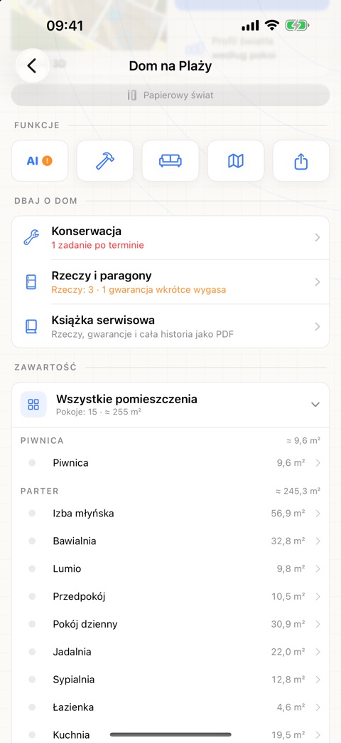 Zrzut ekranu z aplikacji: sekcja „Dbaj o dom” na stronie domu z konserwacją, rzeczami i paragonami oraz książką serwisową