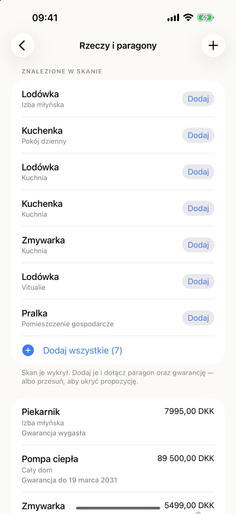 Zrzut ekranu z aplikacji: lista rzeczy z propozycjami znalezionymi w skanie — lodówka, kuchenka, zmywarka