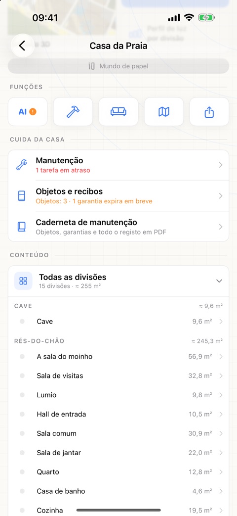 Captura de ecrã da app: a secção «Cuida da casa» na página da casa, com manutenção, objetos e recibos e caderneta de manutenção