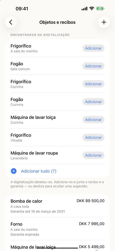 Captura de ecrã da app: a lista de objetos com propostas encontradas na digitalização — frigorífico, fogão, máquina de lavar louça