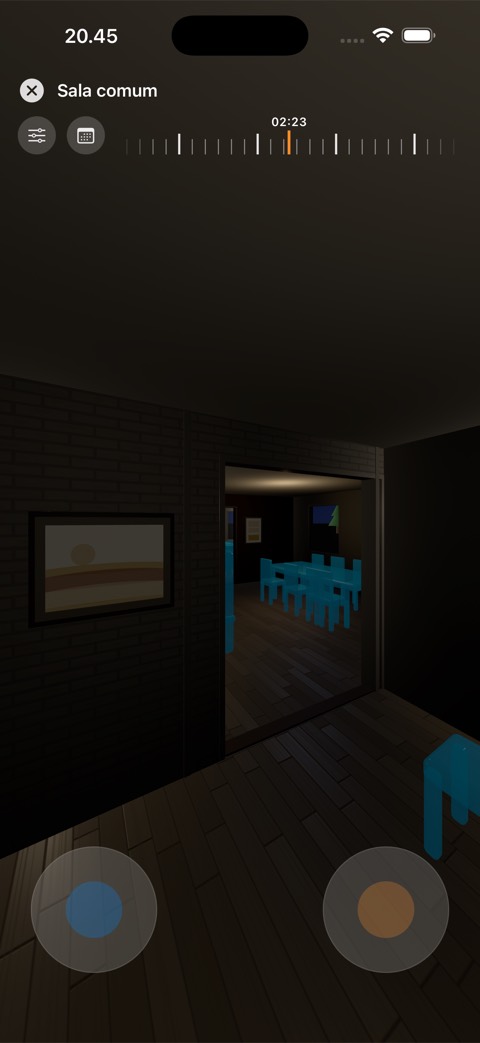 Captura de ecrã da app: visita ao anoitecer com os candeeiros da casa acesos