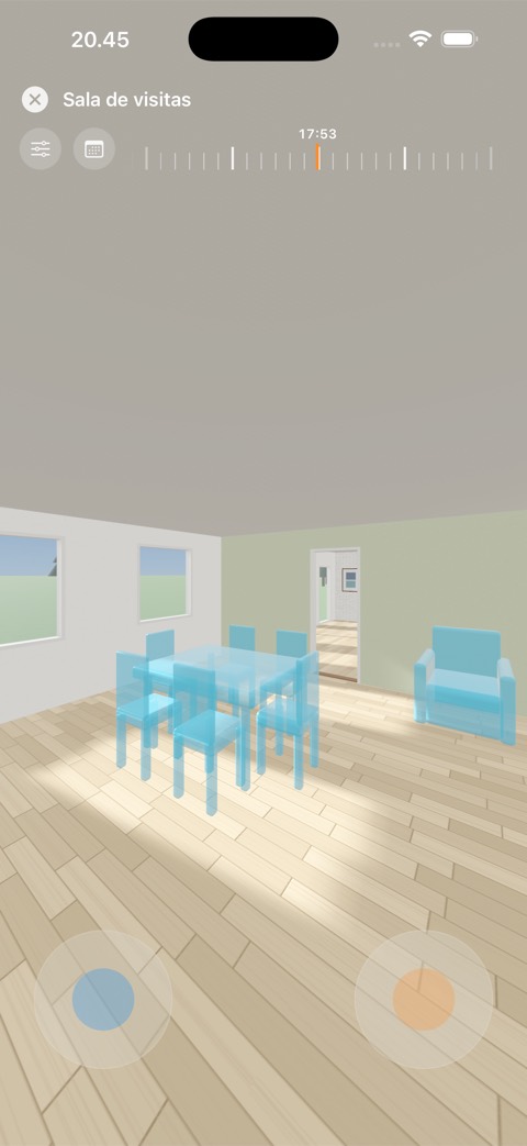 Captura de ecrã da app: visita na primeira pessoa numa sala mobilada