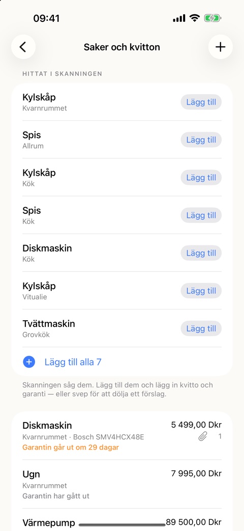 Skärmbild från appen: listan över saker med förslag hittade i skanningen — kylskåp, spis, diskmaskin
